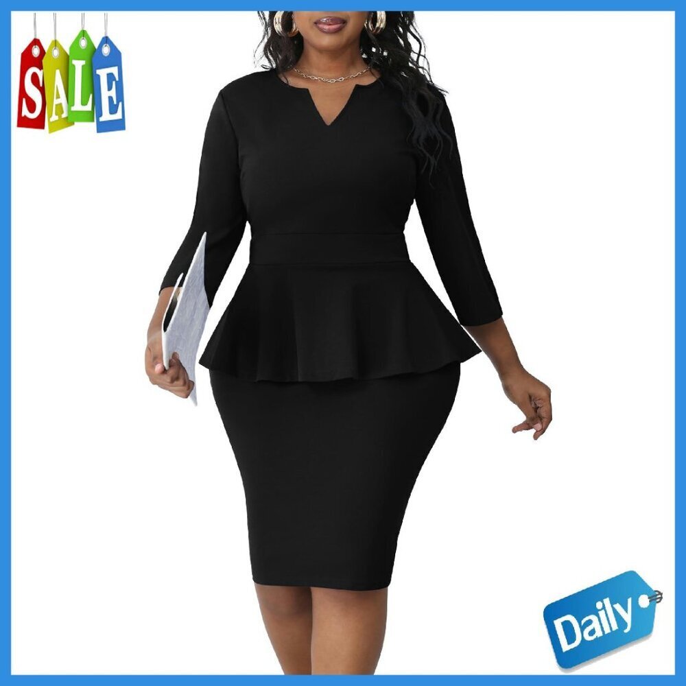 Plus Size Peplum Pencil Dress V-Neck 3/4 Sleeve Professional Office Wear